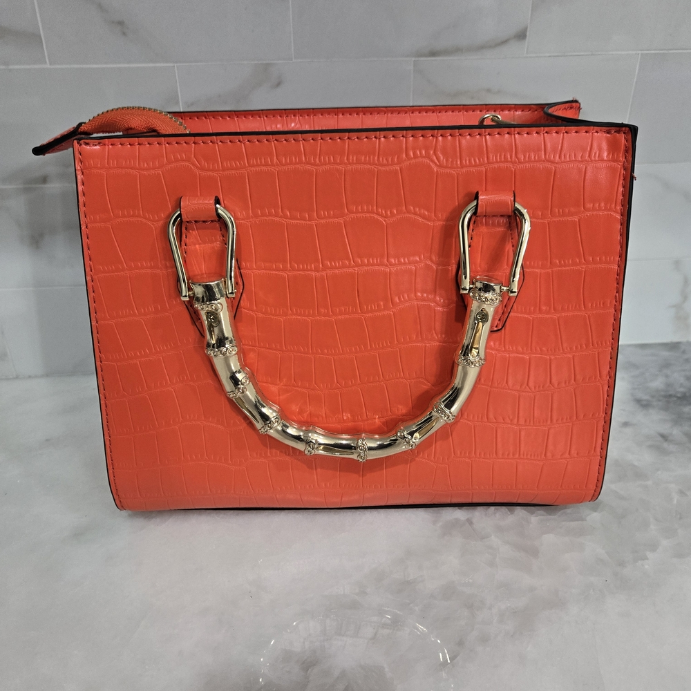 Orange Croc-Embossed Handbag with Gold Bamboo Handles